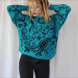 Vintage 80s Teal Paisley Print Sweater